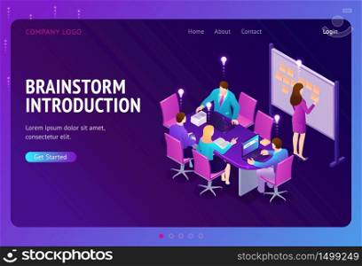 Brainstorm introduction isometric landing page. Business people team develop creative startup project, launch and share ideas sitting at office desk put sticky notes on whiteboard 3d vector web banner. Brainstorm introduction isometric landing page