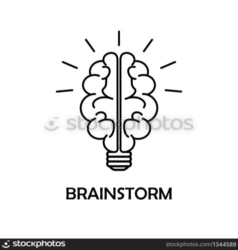 Brainstorm line icon on isolated background. Creativity and thinking concept. Brain light - best idea and genious solution. Logo Template of memory and intellect. Imagination is power succes. Vector. Brainstorm line icon on isolated background. Creativity and thinking concept. Brain light - best idea and genious solution. Logo Template of memory and intellect. Imagination is power succes. Vector.