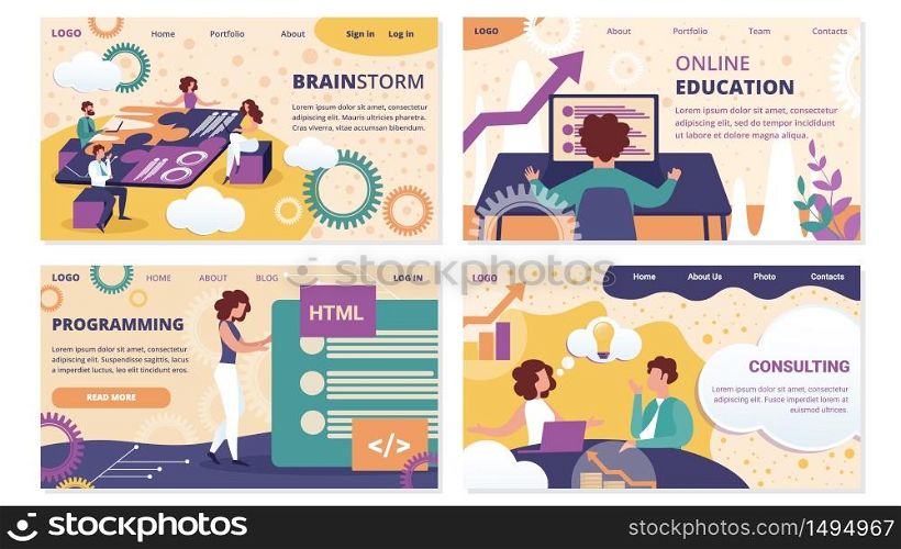 Brainstorm, Online Education, Consulting, Programming Horizontal Banner Set. Office People Working, Studying, Develop Web Site Ui Ux Interface. Business, Teamwork. Cartoon Flat Vector Illustration. Brainstorm Online Education Consulting Programming