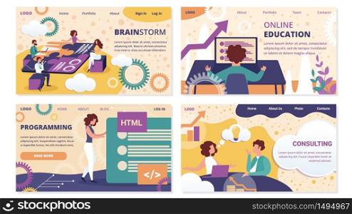 Brainstorm, Online Education, Consulting, Programming Horizontal Banner Set. Office People Working, Studying, Develop Web Site Ui Ux Interface. Business, Teamwork. Cartoon Flat Vector Illustration. Brainstorm Online Education Consulting Programming