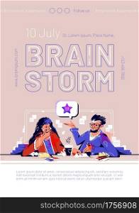 Brainstorm poster, flyer of team meeting in company office for exchange ideas and minds, find business solutions. Vector banner of brainstorming with flat illustration of people communication. Poster of brainstorm, team meeting