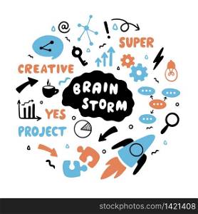 Brainstorm. Set of brain, light bulb, key, puzzle, speech bubbles, phrases, neurons on a white background.