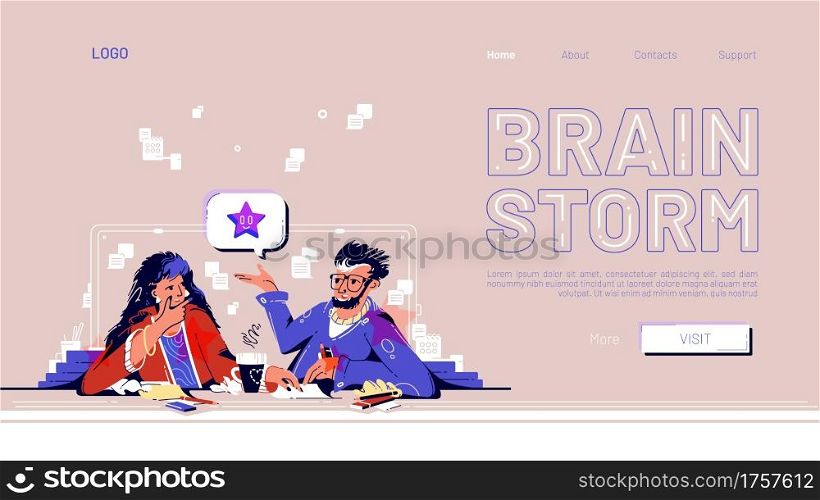 Brainstorm web banner with business people think idea, teamwork. Creative team man and woman sitting at desk with crumpled papers and coffee discuss new project, cartoon vector line art illustration. Brainstorm web banner business people think idea