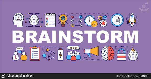 Brainstorm word concepts banner. Thinking process. Strategy development. Isolated lettering typography idea with linear icons. Solution searching. Ideas generation. Vector outline illustration. Brainstorm word concepts banner