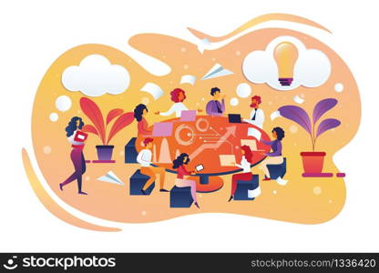 Brainstorming and Searching for New Idea Concept. Businesspeople Characters Sitting around Office Table and Communicating. New Project Development Discussion. Cartoon Flat Vector Illustration, Icon.. Brainstorming and Searching for New Idea Concept.