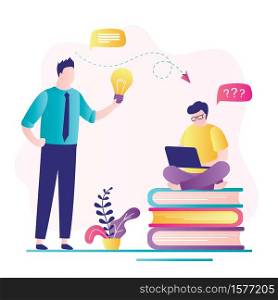 Brainstorming and teamwork, colleagues discuss new idea and solve business problems. Consulting service concept. Group of business people. Handsome male characters. Flat trendy vector illustration