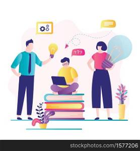 Brainstorming and teamwork, colleagues discuss new idea and solve business problems. Consulting service concept. Office work, group of business people. Flat trendy vector illustration