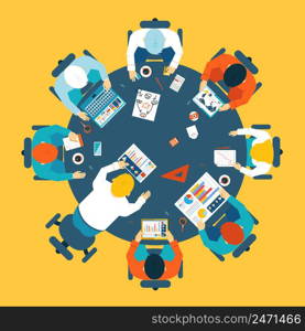 Brainstorming and teamwork concept with a broup of busdinessman having a meeting around a round table sharing ideas and problem solving overhead view vector illustration