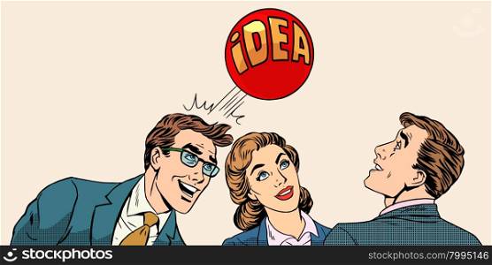 Brainstorming business team concept to develop the idea pop art retro style. Businessmen and a businesswoman playing with a ball with inscription idea. . Brainstorming business team concept to develop the idea