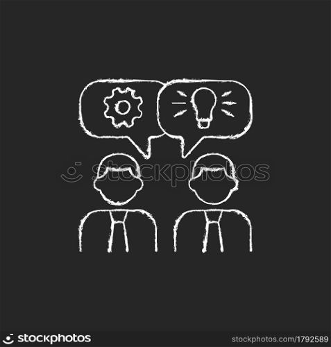 Brainstorming chalk white icon on dark background. Generating ideas and solutions in team. Brainstorming session. Idea creation method for group. Isolated vector chalkboard illustration on black. Brainstorming chalk white icon on dark background