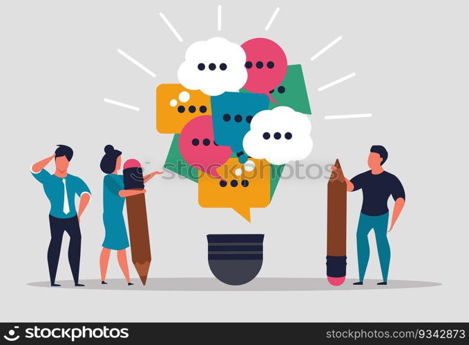 Brainstorming creative team of people. Creation of a new idea and cooperation in a team of professionals. New solution and business people come up with an idea. Vector illustration