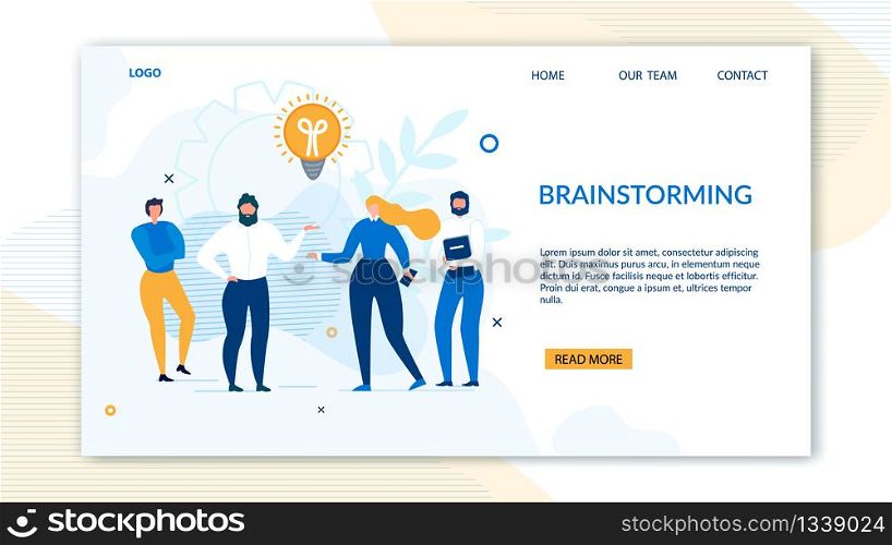 Brainstorming Design Landing Page. Creative Business Process and Strategy. People Work in Team, Create Idea, Achieve Goal. Male Female Coworkers Stand under Light Bulb Lamp. Vector Flat Illustration. Brainstorming Design Landing Page for Business