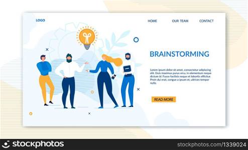 Brainstorming Design Landing Page. Creative Business Process and Strategy. People Work in Team, Create Idea, Achieve Goal. Male Female Coworkers Stand under Light Bulb Lamp. Vector Flat Illustration. Brainstorming Design Landing Page for Business