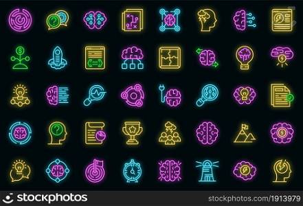 Brainstorming icons set. Outline set of brainstorming vector icons neon color on black. Brainstorming icons set vector neon