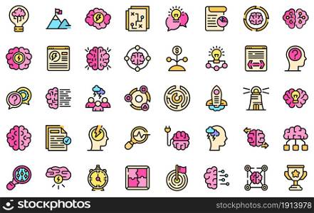 Brainstorming icons set. Outline set of brainstorming vector icons thin line color flat isolated on white. Brainstorming icons set line color vector
