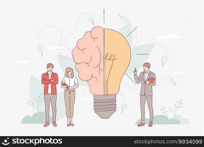 Brainstorming in imagination concept. Creative brain with innovative knowledge and genius approach to business and business people standing nearby vector illustration. Smart symbol as light bulb. Brainstorming in imagination concept