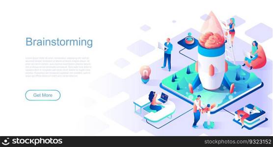 Brainstorming landing page vector template. Corporate strategy planning website header UI layout with isometric illustration. Creative thinking and imagination web banner isometry concept