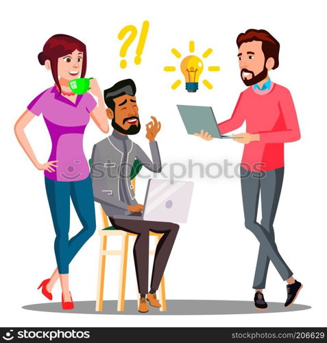 Brainstorming, Office Employees Actively Talking With Burning Light Above Head Vector. Illustration. Brainstorming, Office Employees Actively Talking With Burning Light Above Head Vector. Isolated Illustration