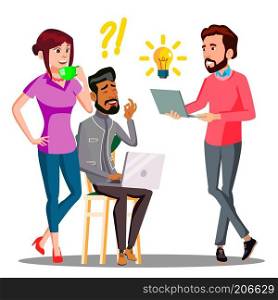 Brainstorming, Office Employees Actively Talking With Burning Light Above Head Vector. Illustration. Brainstorming, Office Employees Actively Talking With Burning Light Above Head Vector. Isolated Illustration