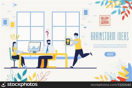Brainstorming Successful Ideas Online Service, Business Startup Flat Vector Web Banner, Landing Page Template with Office Worker, Company Employee Hurrying to Show Solution for Colleagues Illustration