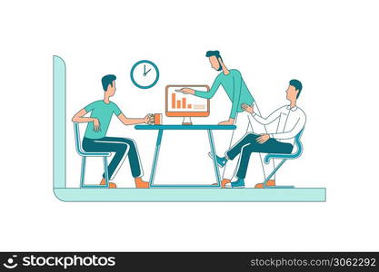 Brainstorming team flat color vector faceless characters. Colleagues on business meeting. Conference for project discussion. Startup isolated cartoon illustration for web graphic design and animation. Brainstorming team flat color vector faceless characters