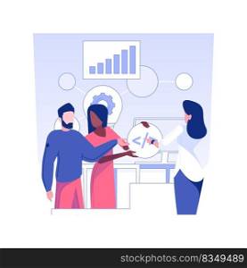 Brainstorming with a team isolated concept vector illustration. Group of IT company workers discussing new project development, teamwork organization, sharing ideas vector concept.. Brainstorming with a team isolated concept vector illustration.