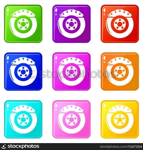 Brake shoe icons set 9 color collection isolated on white for any design. Brake shoe icons set 9 color collection