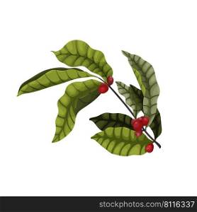 Branch of a coffee tree with red berries and leaves in a cartoon style. Dark green leaves and red coffee berries for packaging and advertising design.