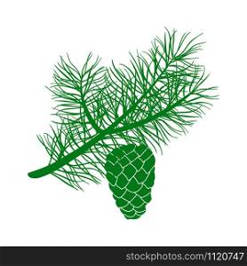 Branch of Christmas tree flat vector on white background illustration. Branch of Christmas tree with pine cone flat vector on white background illustration