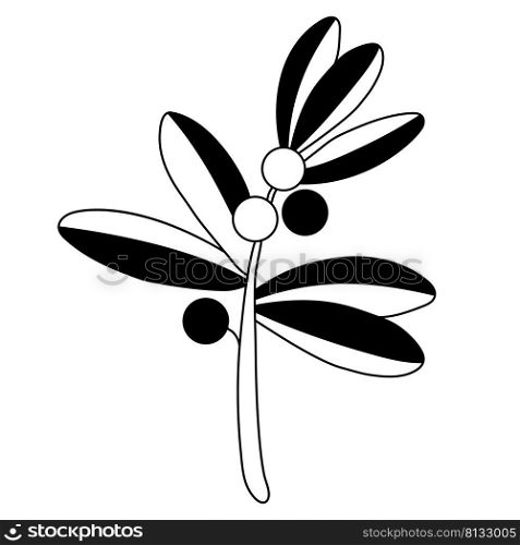 Branch of plant with round berries and leaves. Vector illustration. outline. Black Linear drawing for design, decor, print, decoration and postcards