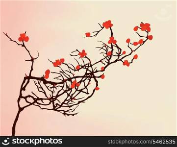 Branch. The bush branch is covered by red flowers. A vector illustration