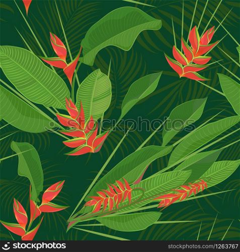 Branch tropical heliconia flower leaves seamless background. Watercolor realistic drawing in flat color style. isolated on white background. Vector illustration. Branch tropical heliconia flower leaves seamless background. Watercolor realistic drawing in flat color style. isolated on white background