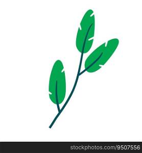 Branch with green leaves. Plant design. Element of wood and nature. Flat simple illustration. Branch with green leaves. Plant design