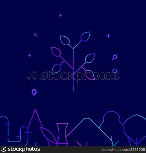 Branch with leaves gradient line vector icon, simple illustration on a dark blue background, forest, garden related bottom border.. Branch with leaves gradient line icon, vector illustration