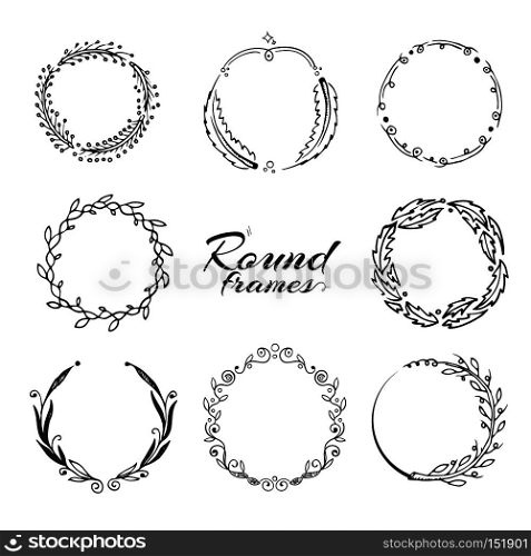 Branch with leaves, laurel wreath, floral circle frames for decoration. hand drawn vector collection. Frame of floral wreath, collection of laurel wreath with leaf illustration. Branch with leaves, laurel wreath, floral circle frames for decoration. hand drawn vector collection