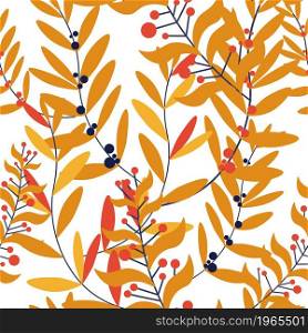 Branches and foliage, twigs and leaves, autumn dry leafage and decorative botany. Trendy flora of fall season, natural blossom and berries. Seamless pattern, background or print, vector in flat style. Autumn branches, leaves and twigs seamless pattern