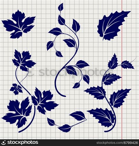 Branches and leaves ball pen sketch. Ball pen drawing branches and leaves on notebook background. Vector illustration