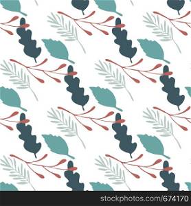 Branches and leaves seamless pattern on white background. Fall season wallpaper. Vector backdrop in flat style for textile or book covers, wallpapers, design, graphic art, wrapping. Branches and leaves seamless pattern on white background. Fall season wallpaper.