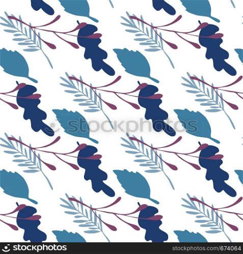 Branches and leaves vector seamless pattern on white background. Green and blue colors. Backdrop flat style for textile or book covers, wallpapers, design, graphic art, wrapping. Branches and leaves vector seamless pattern on white background. Green and blue colors.