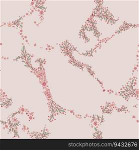 Branches and twigs with leaves and flowers in blossom. Elegant minimalist decoration, floral motif or floristic ornament. Seamless pattern, wallpaper print or background. Vector in flat style. Flower blossom, elegant branches and twigs print