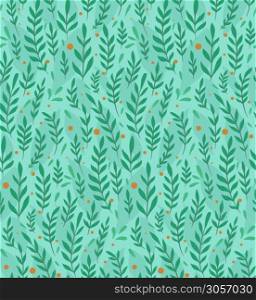 Branches, leaves and berries on turquoise background. Seamless flat pattern with natural simple floral ornaments. Natural tapestry wallpaper. Vector texture for fabric, pattern and your creativity.. Branches, leaves and berries on turquoise background. Seamless flat pattern with natural simple floral ornaments. Natural tapestry wallpaper. Vector texture