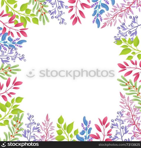 Branches of fresh spring plants as frame for banner. Blank poster with framework of natural twigs. Wild grass vector illustrations on empty placard.. Branches of Spring Plants As Frame for Banner
