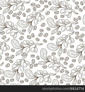 Branches of growing coffee beans seamless pattern. Seeds for aromatic beverages and dishes. Organic ingredients for drinks and desserts. Menu print, monochrome sketch outline, vector in flat style. Growing coffee bean branches with leaves seamless pattern