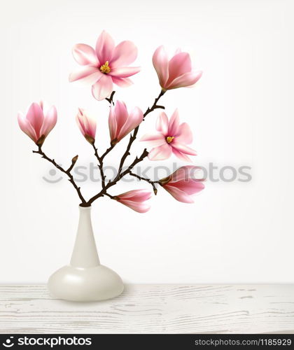 Branches of Pink Magnolia in Vase. Vector illustration