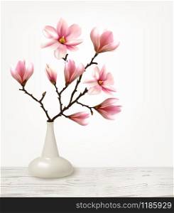 Branches of Pink Magnolia in Vase. Vector illustration