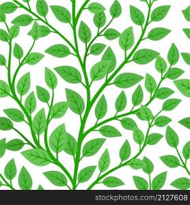 Branches tree with green foliage seamless pattern. Cartoon spring nature elements, botanical textures for poster, vector illustration of wallpaper with plants. Green branches tree seamless pattern