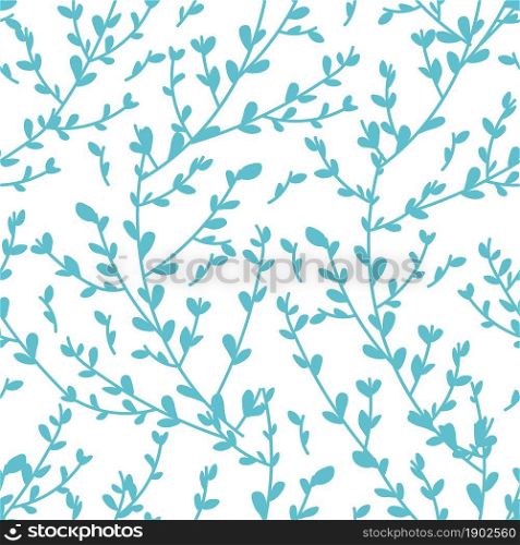 Branches with small leaves and tender foliage. Background or print for greeting cards, textile or wrappings. Springtime and elegant blooming or summer. Seamless pattern, vector in flat style. Blue floral branches with tender leaves vector