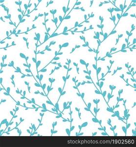 Branches with small leaves and tender foliage. Background or print for greeting cards, textile or wrappings. Springtime and elegant blooming or summer. Seamless pattern, vector in flat style. Blue floral branches with tender leaves vector