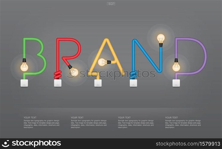 ""BRAND" Abstract linear alphabet of light bulb and light switch on gray background. Lamp and switch with area for infographic and text. Vector illustration."
