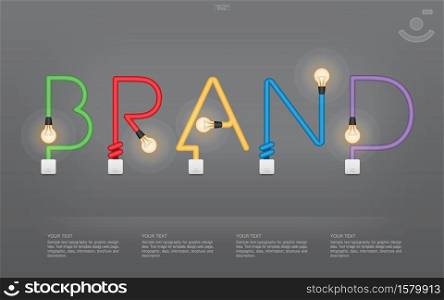 ""BRAND" Abstract linear alphabet of light bulb and light switch on gray background. Lamp and switch with area for infographic and text. Vector illustration."